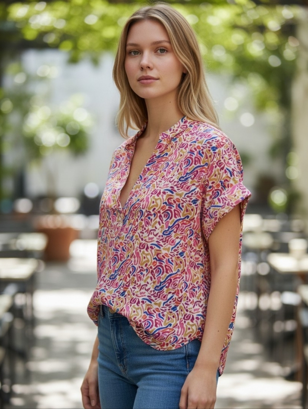 Michelle Mcdowell Colorful Abstract Print Women's Top